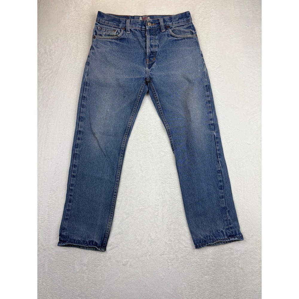 Levis 501 Mens 34x30 Grungy Blue Workwear Denim Distressed Medium Wash Fade